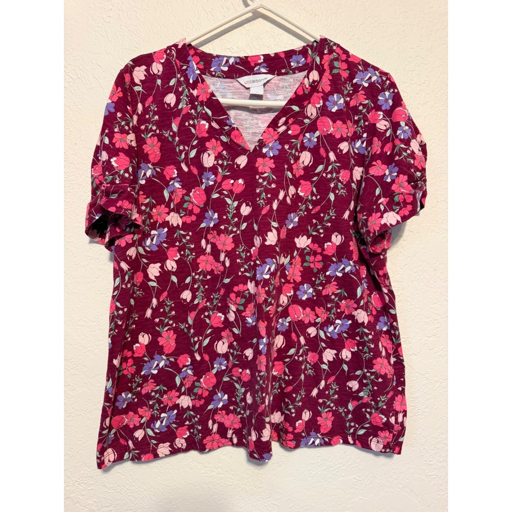 Liz Claiborne Womens XL Burgundy Floral V-Neck Slub Cotton Tulip Sleeve Top
